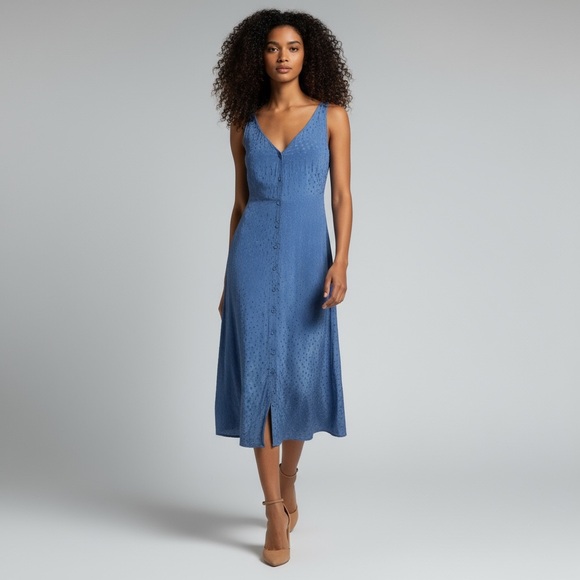 Anthropologie FRNCH Paris Medium Blue Embroidered Button-Up V-Neck MIDI Dress - Picture 1 of 13